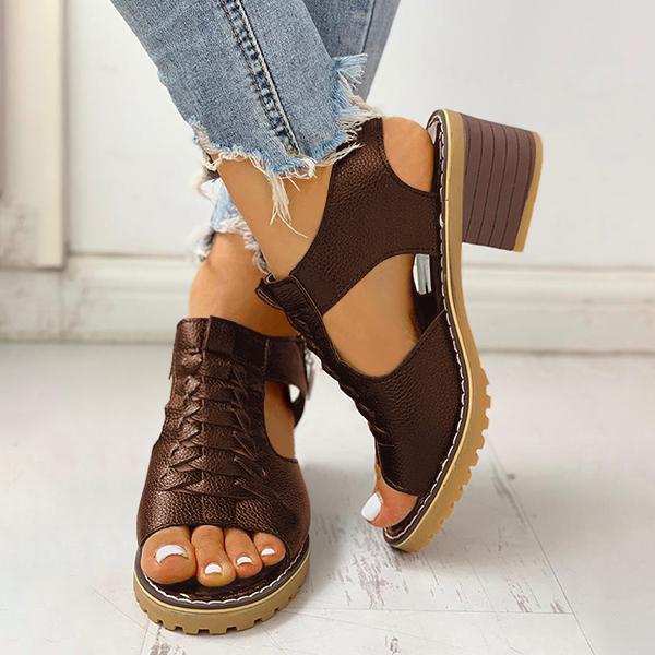 Women's Peep Toe Cutout Zipper Chunky Heeled Sandals - Image 10