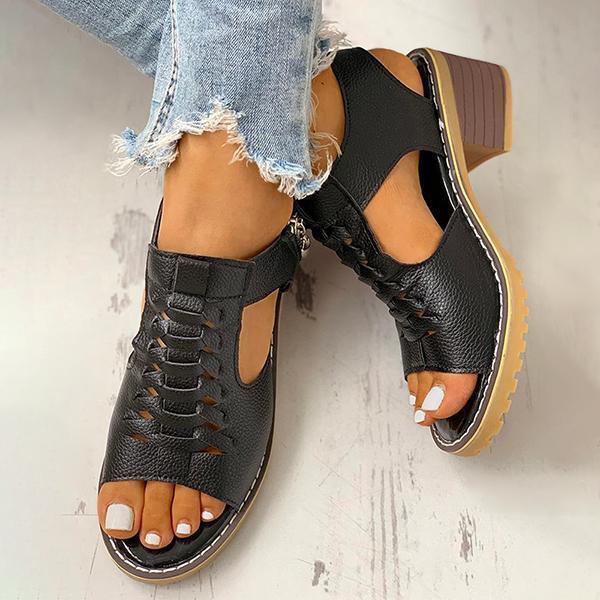 Women's Peep Toe Cutout Zipper Chunky Heeled Sandals - Image 11