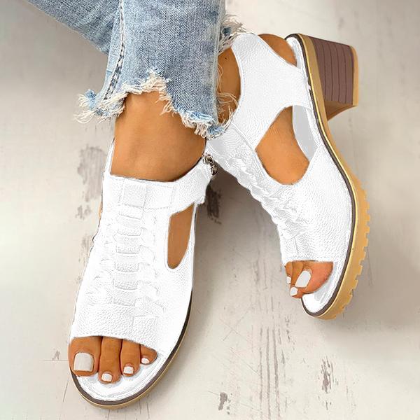 Women's Peep Toe Cutout Zipper Chunky Heeled Sandals - Image 12