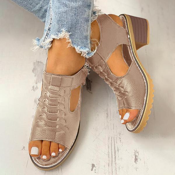 Women's Peep Toe Cutout Zipper Chunky Heeled Sandals - Image 13