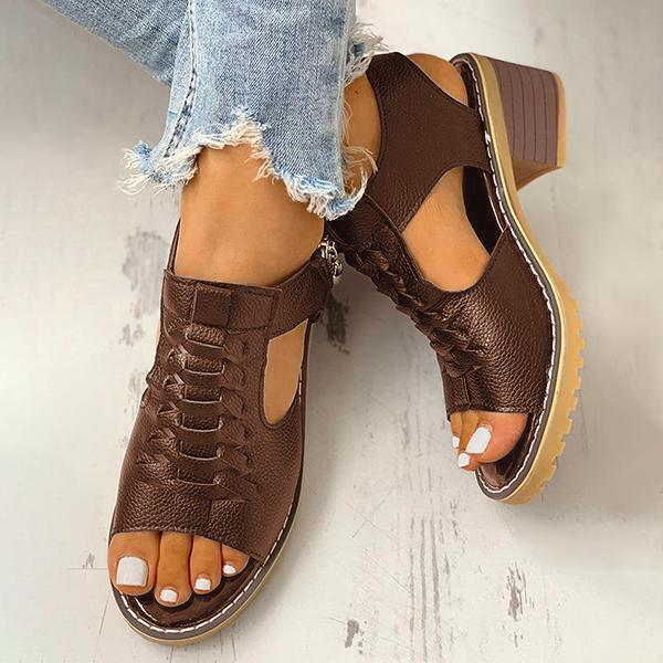 Women's Peep Toe Cutout Zipper Chunky Heeled Sandals - Image 15
