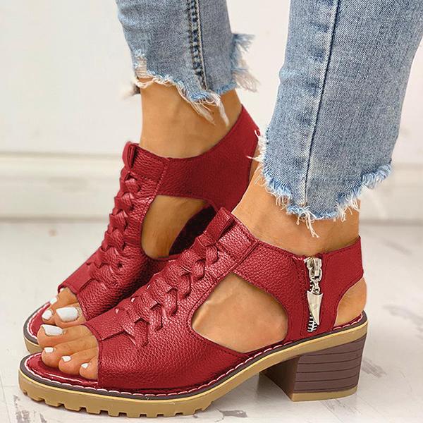 Women's Peep Toe Cutout Zipper Chunky Heeled Sandals - Image 4