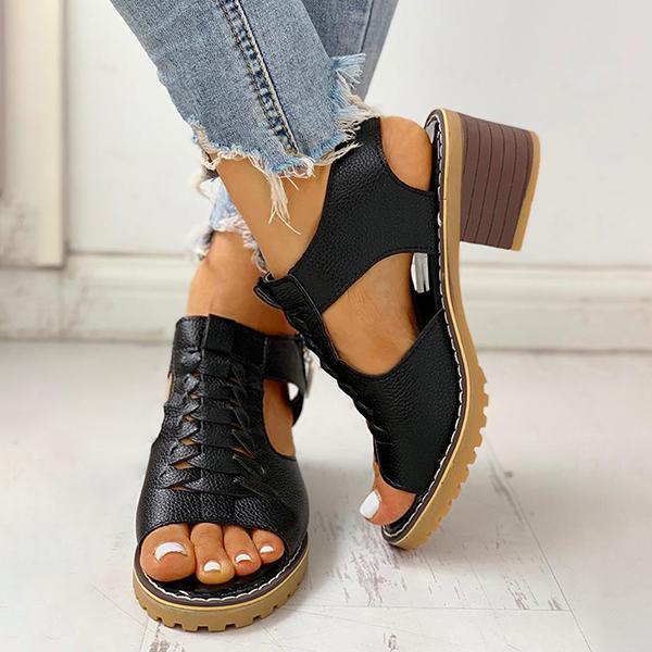 Women's Peep Toe Cutout Zipper Chunky Heeled Sandals - Image 6